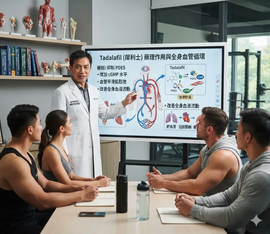 運動醫學科醫生向重訓族群講解他達拉非成分對全身體循環血管的藥理影響