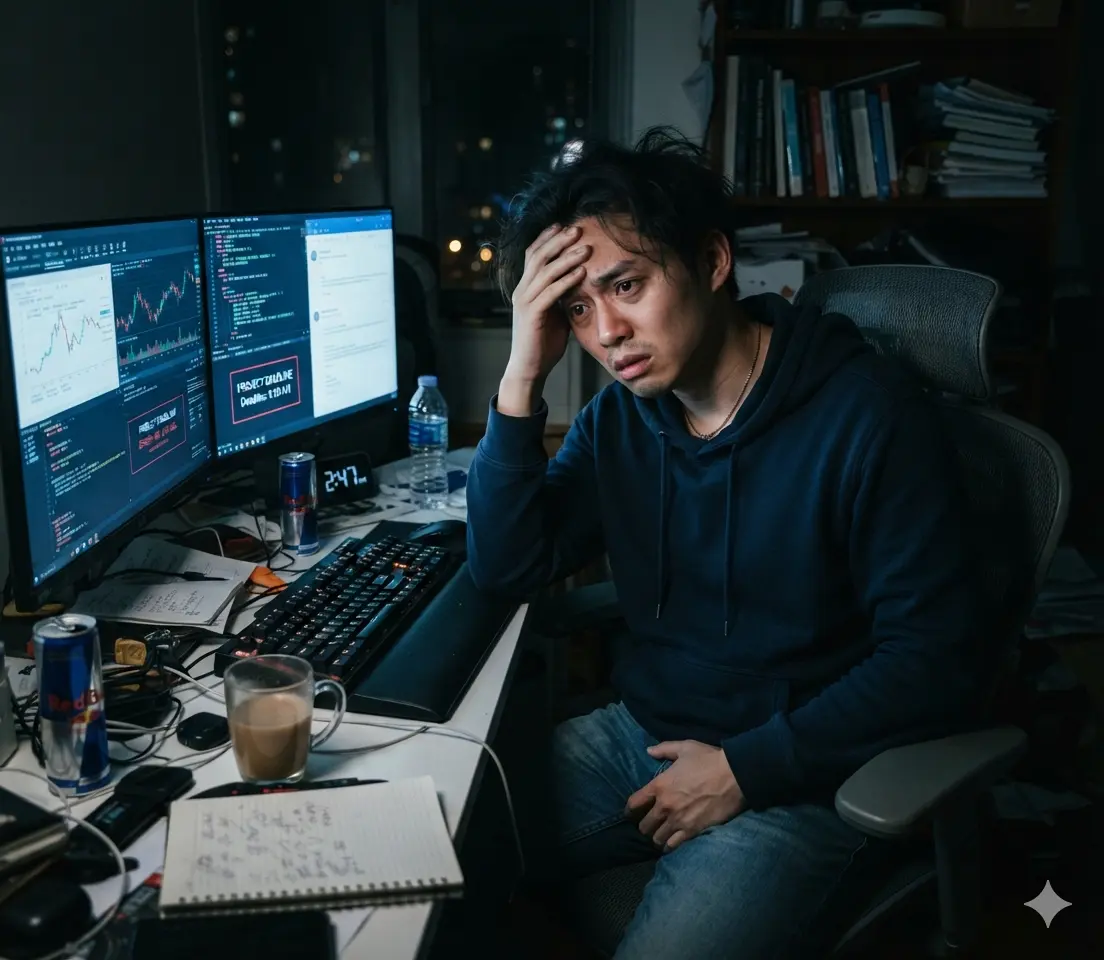 年輕男性深夜在電腦前加班熬夜工作焦慮面臨早期心因性ED癥狀