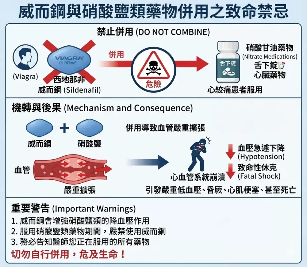 威而鋼與硝酸鹽類心臟藥物併用引發致命性低血壓與心血管風險的禁忌圖解