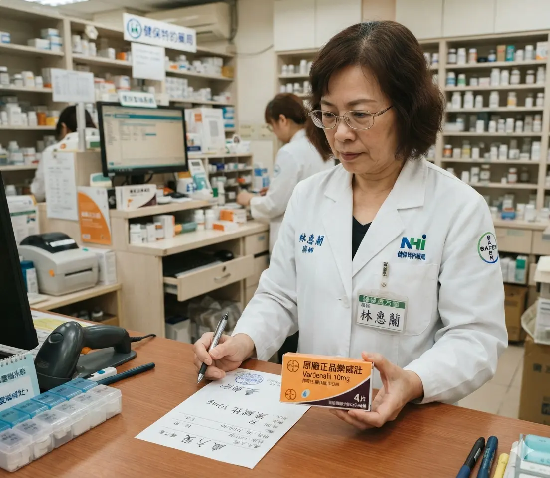 執業藥師在實體健保特約藥局內憑實體處方箋核對調劑原廠正品樂威壯伐地那非藥盒