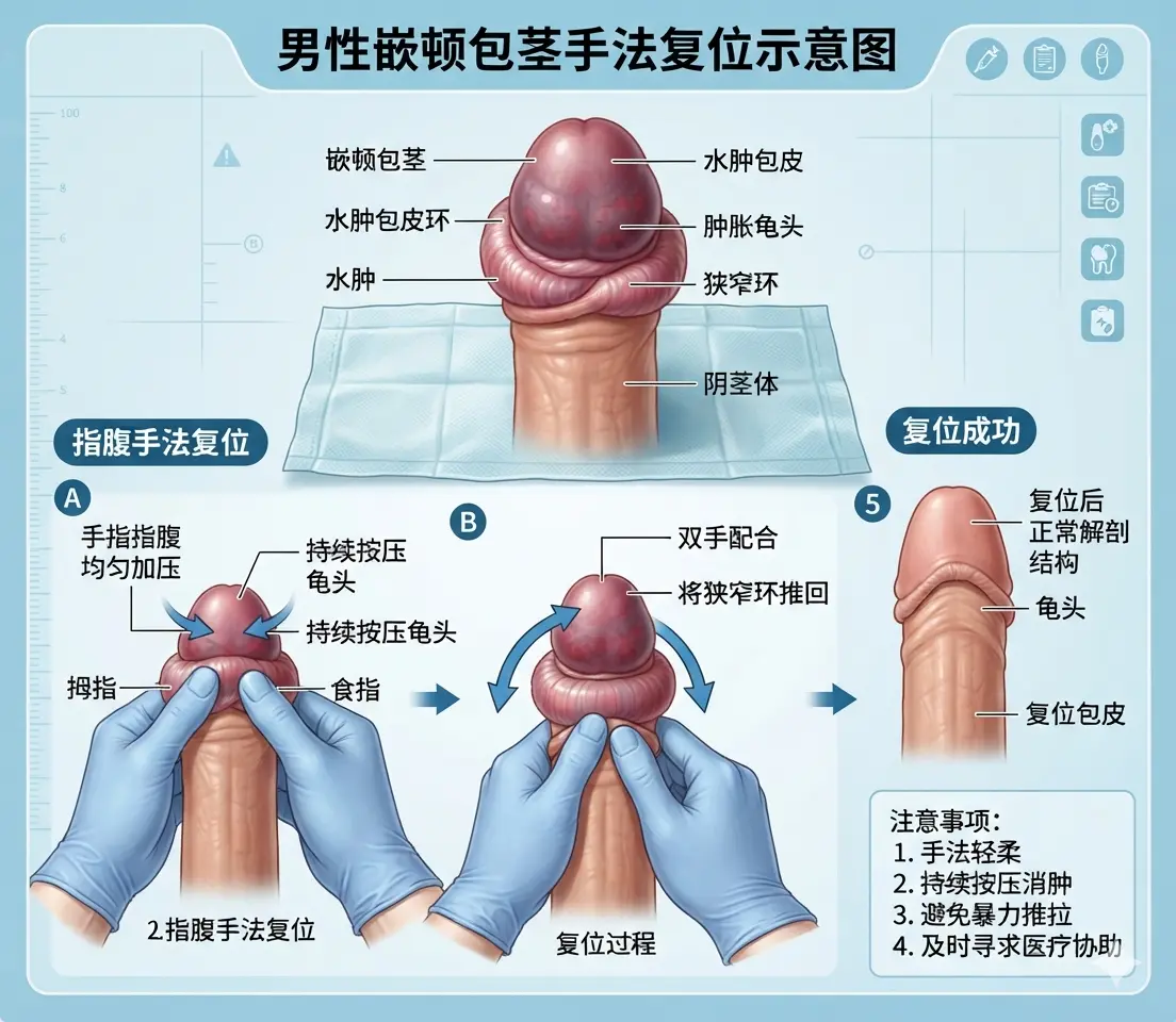 男性嵌頓包莖甜甜圈水腫的正確指腹手法復位示意圖