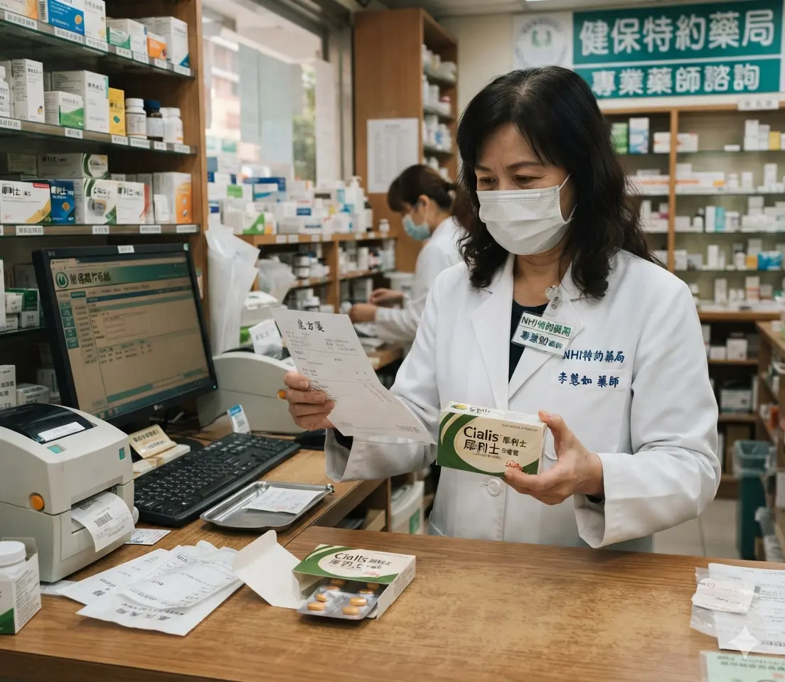 執業藥師在實體健保特約藥局內憑處方箋核對調劑美國原廠犀利士正品包裝