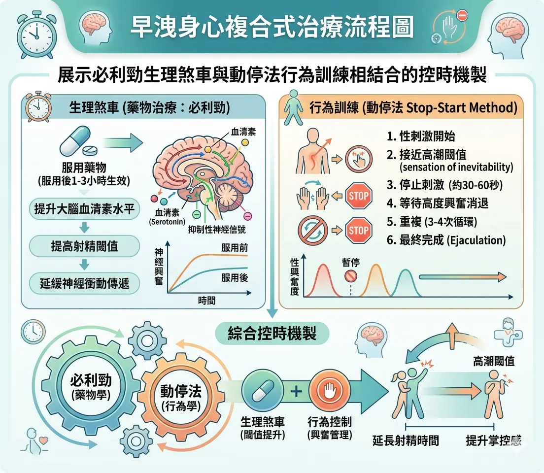 早洩身心複合式治療流程圖：展示必利勁生理煞車與動停法行為訓練相結合的控時機製