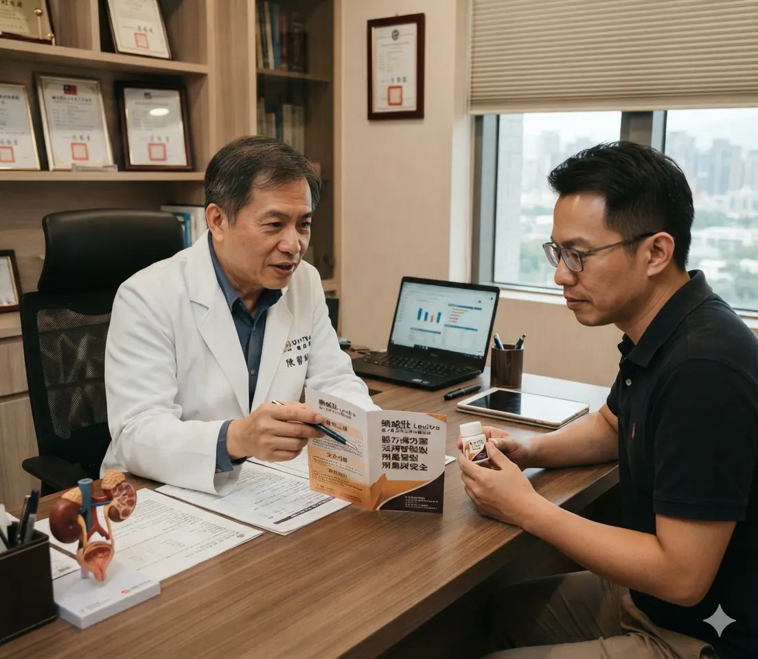泌尿科主治醫師在私密診間向男性患者解說樂威壯處方管製法規與安全兩性用藥觀念
