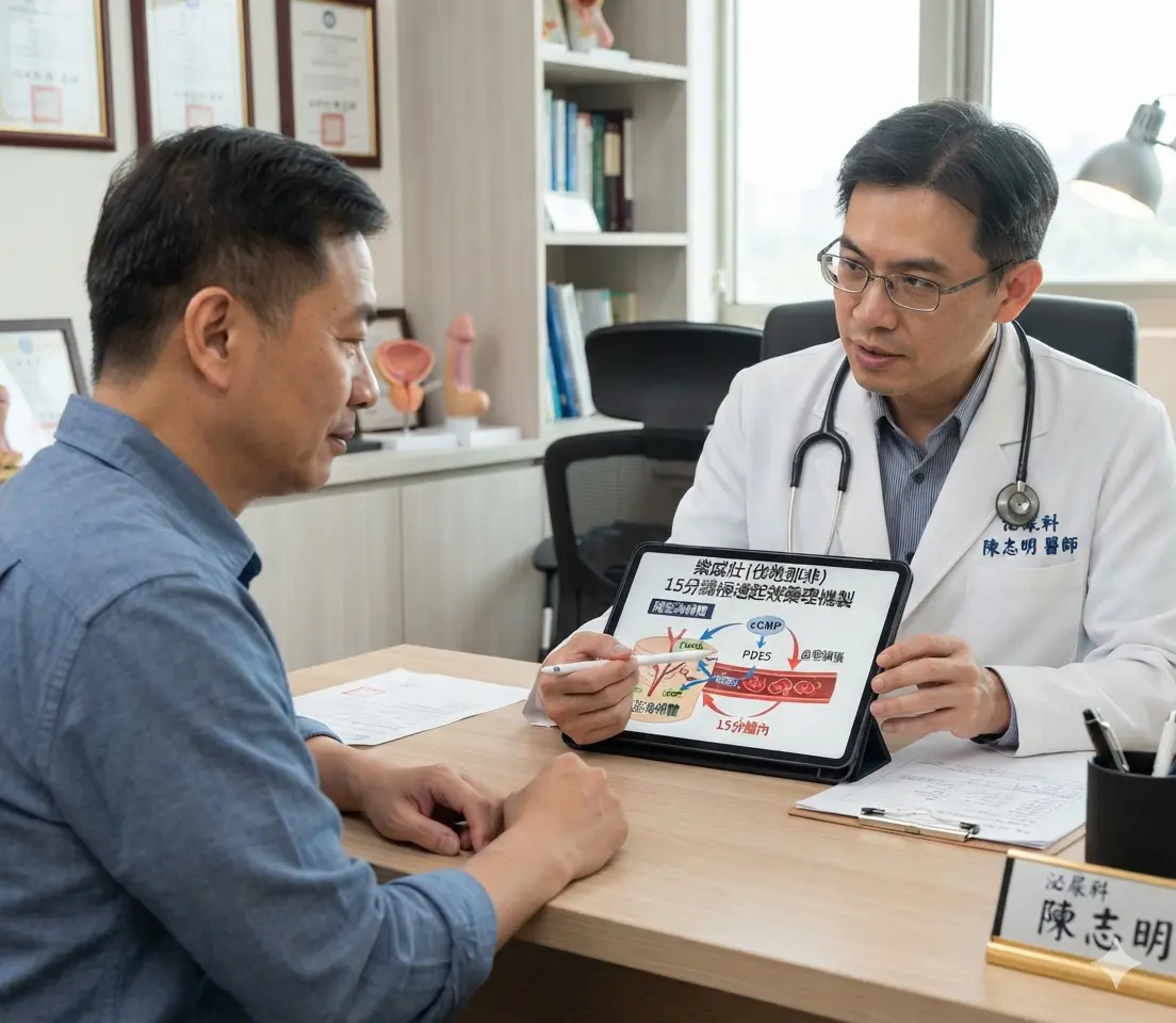 泌尿科專科醫師在診間向50歲男性患者解說樂威壯伐地那非15分鐘極速起效藥理機製