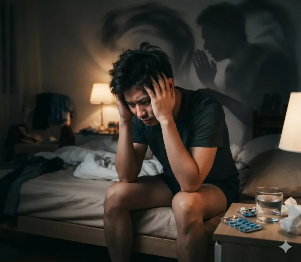年輕男性在臥室床邊展現因非醫療目的盲目服用壯陽藥引發之房事表現焦慮與心魔
