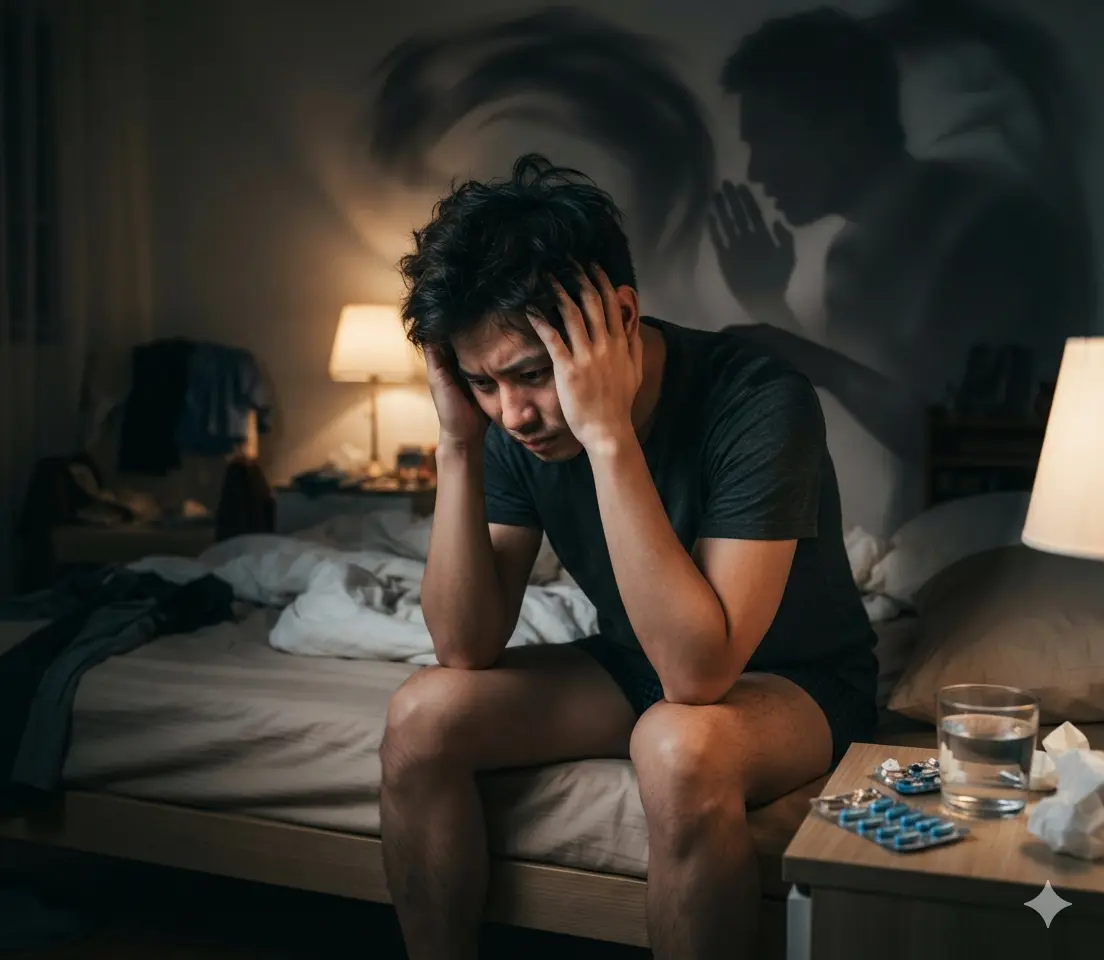 年輕男性在臥室床邊展現因非醫療目的盲目服用壯陽藥引發之房事表現焦慮與心魔