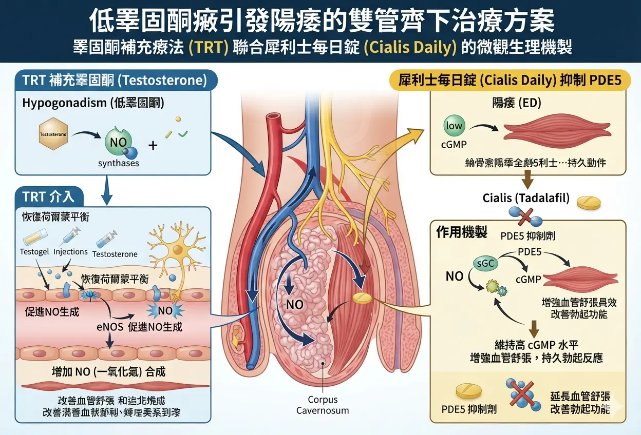 低睪固酮癥引發陽痿的雙管齊下治療方案