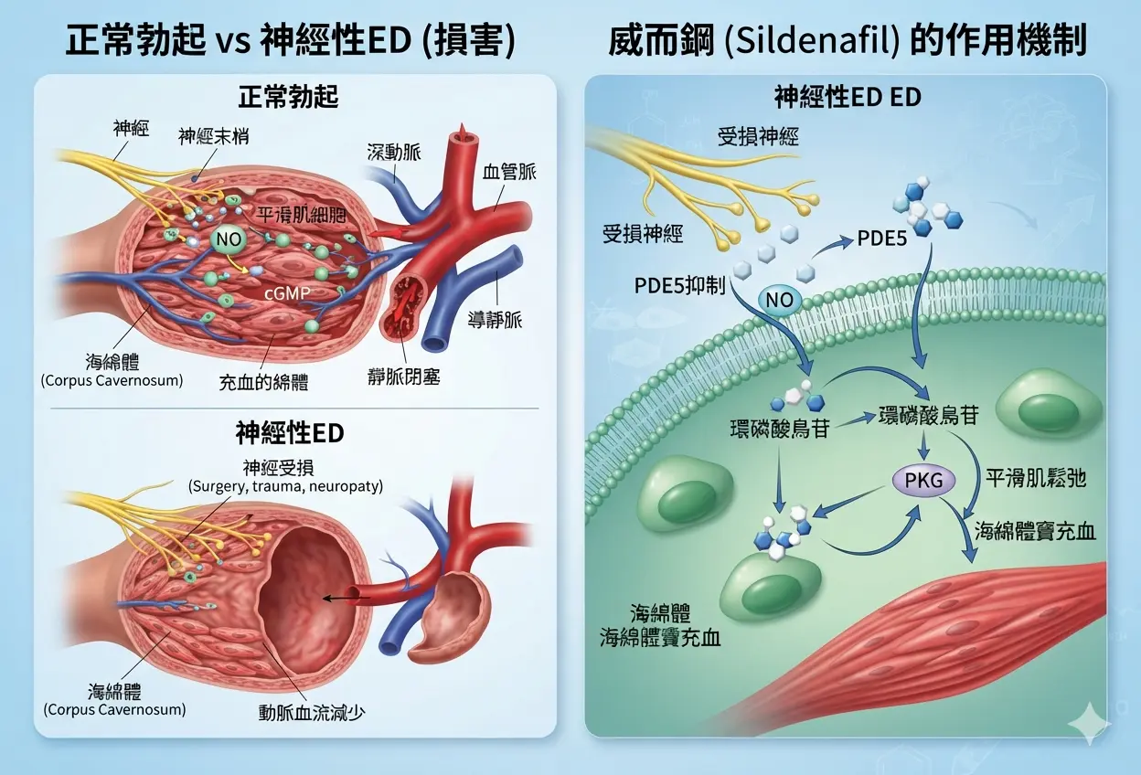 威而鋼對神經性ED的治療作用與海綿體血管充血醫學三維示意圖