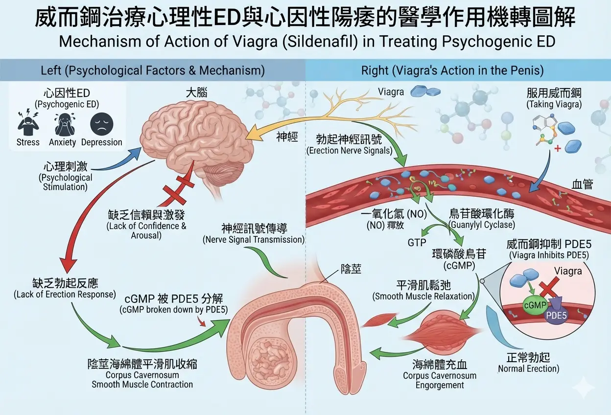 威而鋼治療心理性ED與心因性陽痿的醫學作用機轉圖解