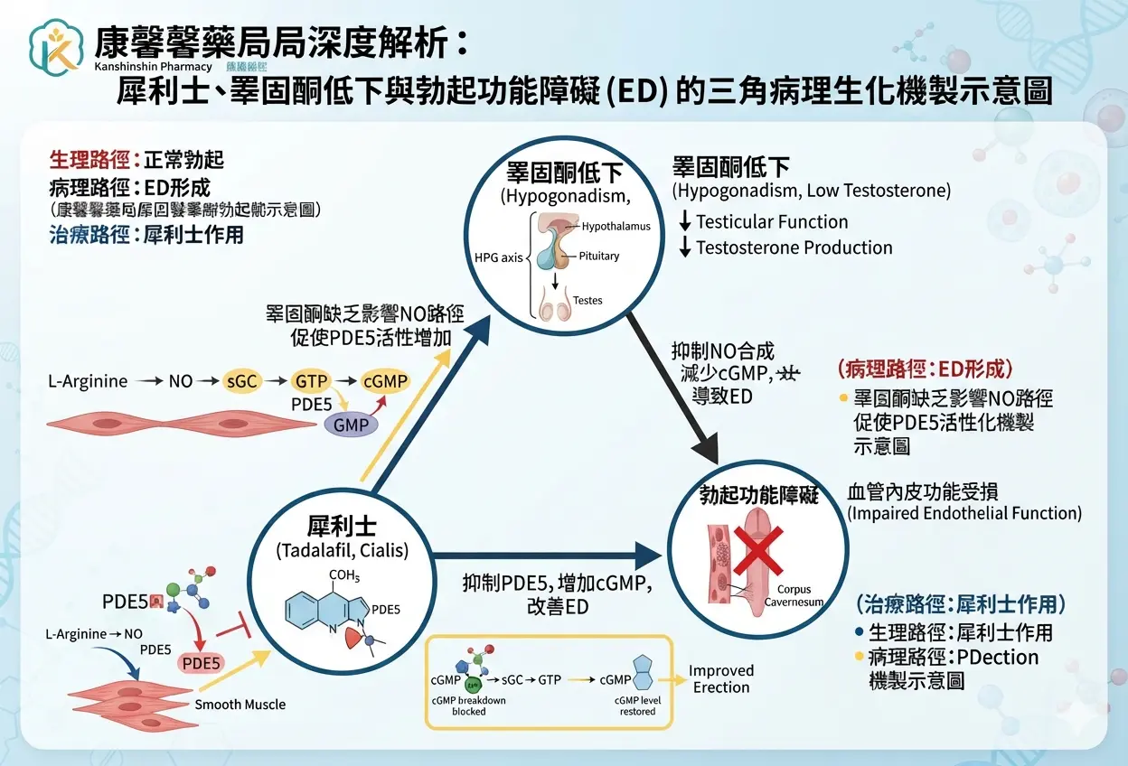 康馨馨藥局：深度解析犀利士與睪固酮低下與ED的三角病理生化機製示意圖