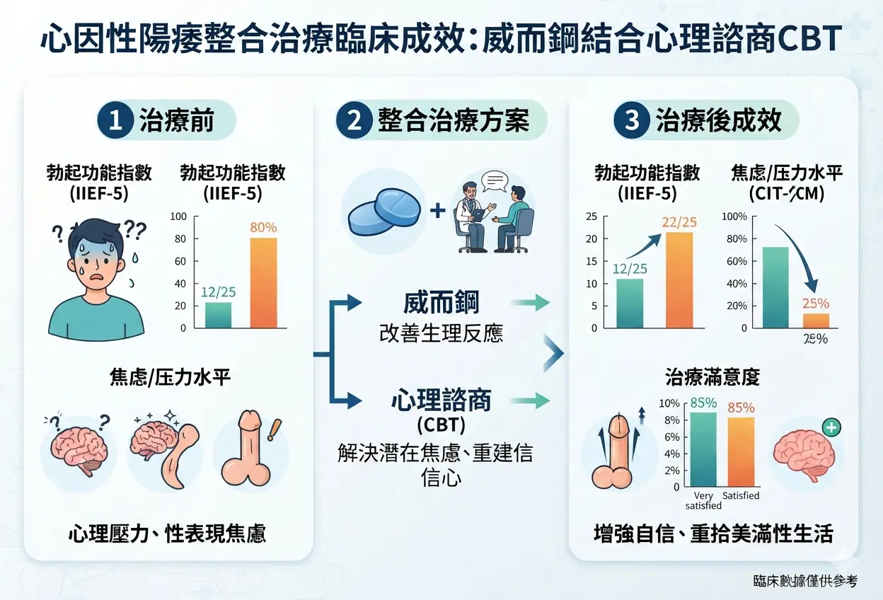 心因性陽痿整合治療結合威而鋼與心理諮商CBT臨床成效圖表