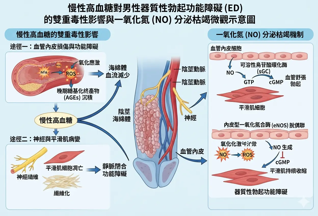 慢性高血糖對男性器質性勃起功能障礙ED的雙重毒性影響與一氧化氮NO分泌枯竭微觀示意圖