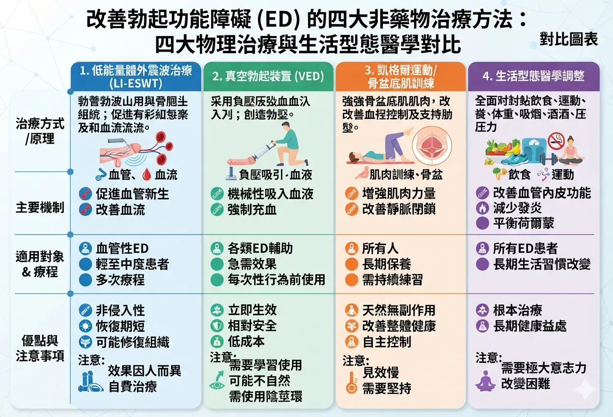 改善ED除了吃藥與犀利士還有哪些方法？四大非藥物物理治療與生活型態醫學對比圖表