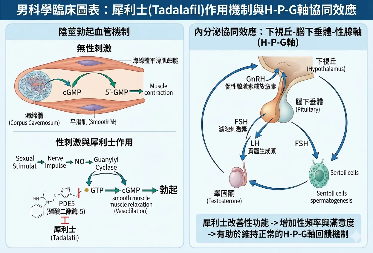犀利士抑製PDE5酶提高cGMP濃度，與下視丘-腦下垂體-性腺軸的內分泌協同效應