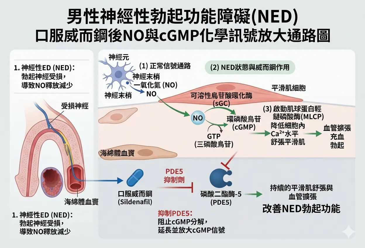 男性神經性勃起功能障礙NED口服威而鋼後NO與cGMP化學訊號放大通路圖