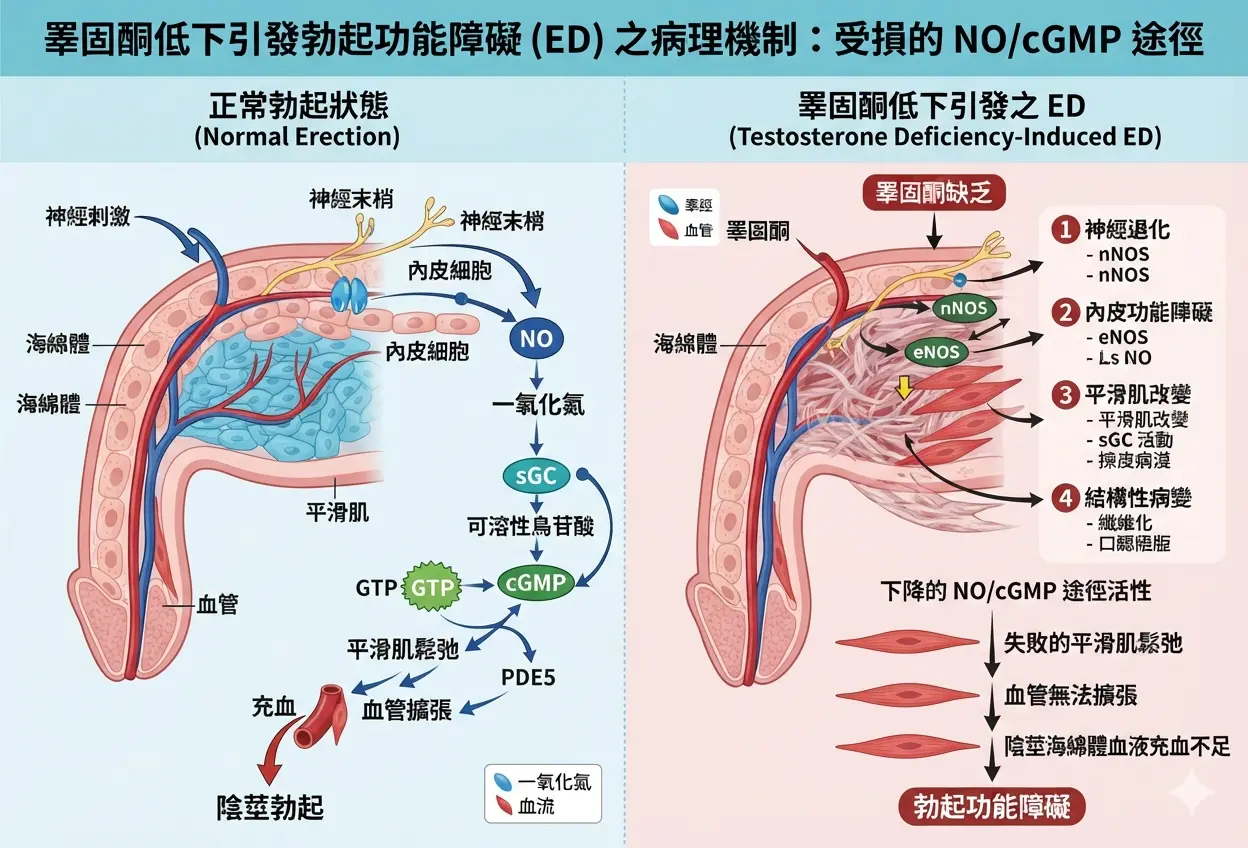 睪固酮低下導致海綿體血管一氧化氮NO路徑受損與ED勃起功能障礙病變機製
