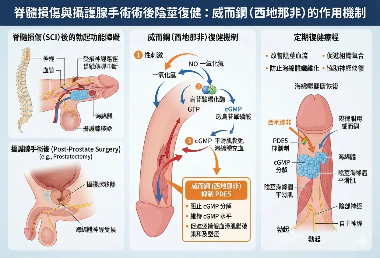 脊髓損傷與攝護腺手術術後進行陰莖復健使用威而鋼的專業醫學圖解