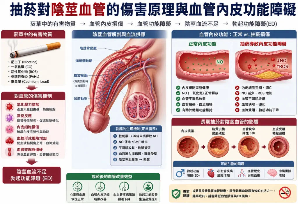 抽菸對陰莖血管的傷害原理與血管內皮功能障礙示意圖