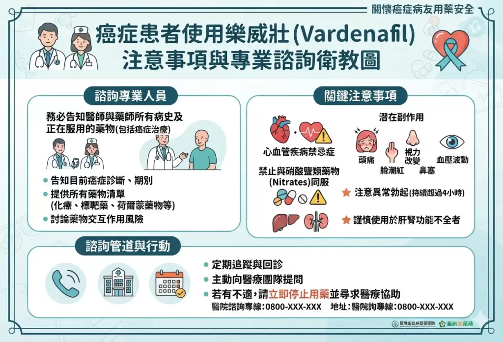 癌癥患者使用樂威壯註意事項與專業醫師藥師諮詢衛教圖