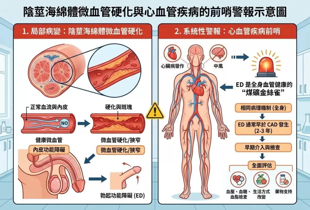 勃起問題與血管疾病與樂威壯的醫學病理關聯：陰莖海綿體微血管硬化與心血管疾病的前哨警報示意圖