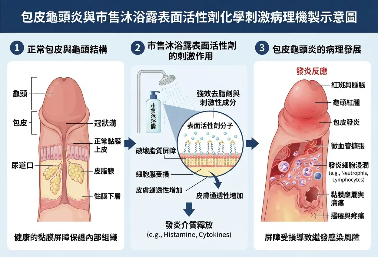 包皮龜頭炎與市售沐浴露表面活性劑化學刺激病理機製示意圖