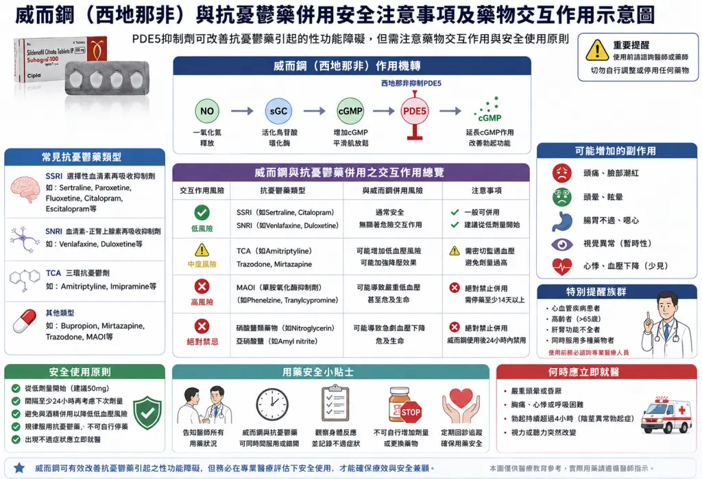 威而鋼與抗憂鬱藥併用安全註意事項及藥物交互作用示意圖