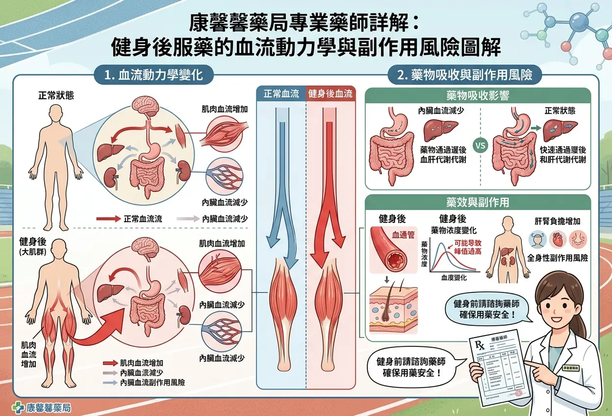 康馨馨藥局專業藥師詳解健身後服藥的血流動力學與副作用風險圖解