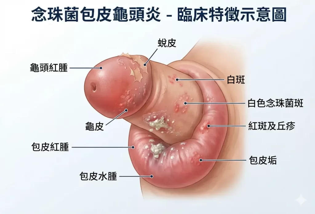 念珠菌包皮龜頭炎與私處真菌感染的臨床特徵：龜頭蛻皮、白斑與包皮紅腫視覺示意圖