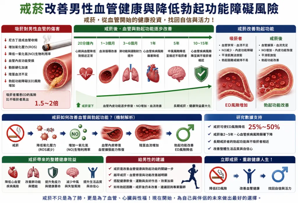戒菸改善男性血管健康與降低勃起功能障礙風險示意圖