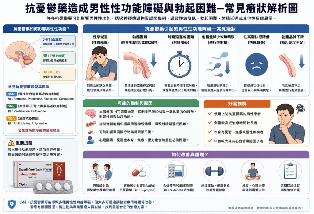 抗憂鬱藥造成男性性功能障礙與勃起困難常見癥狀解析圖