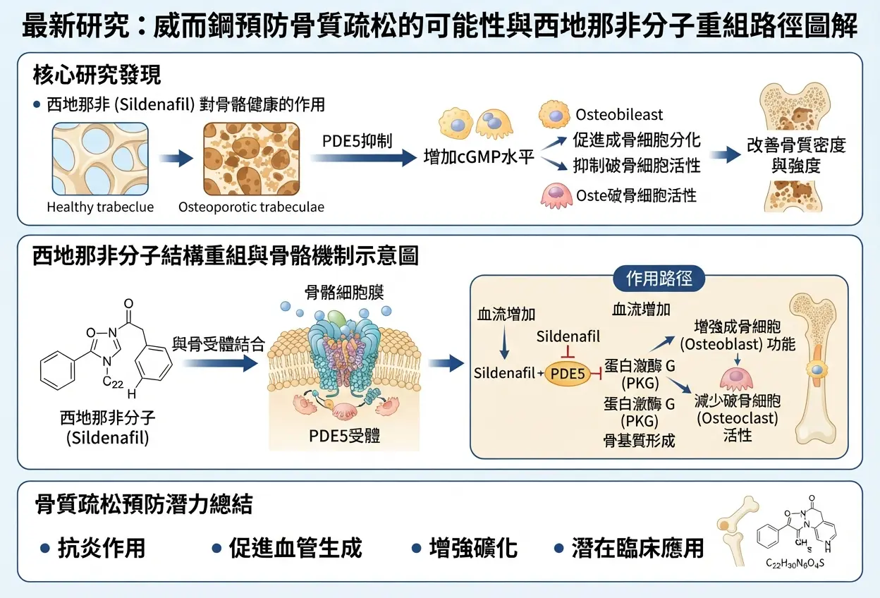 最新研究：威而鋼預防骨質疏松的可能性與西地那非分子重組路徑圖解