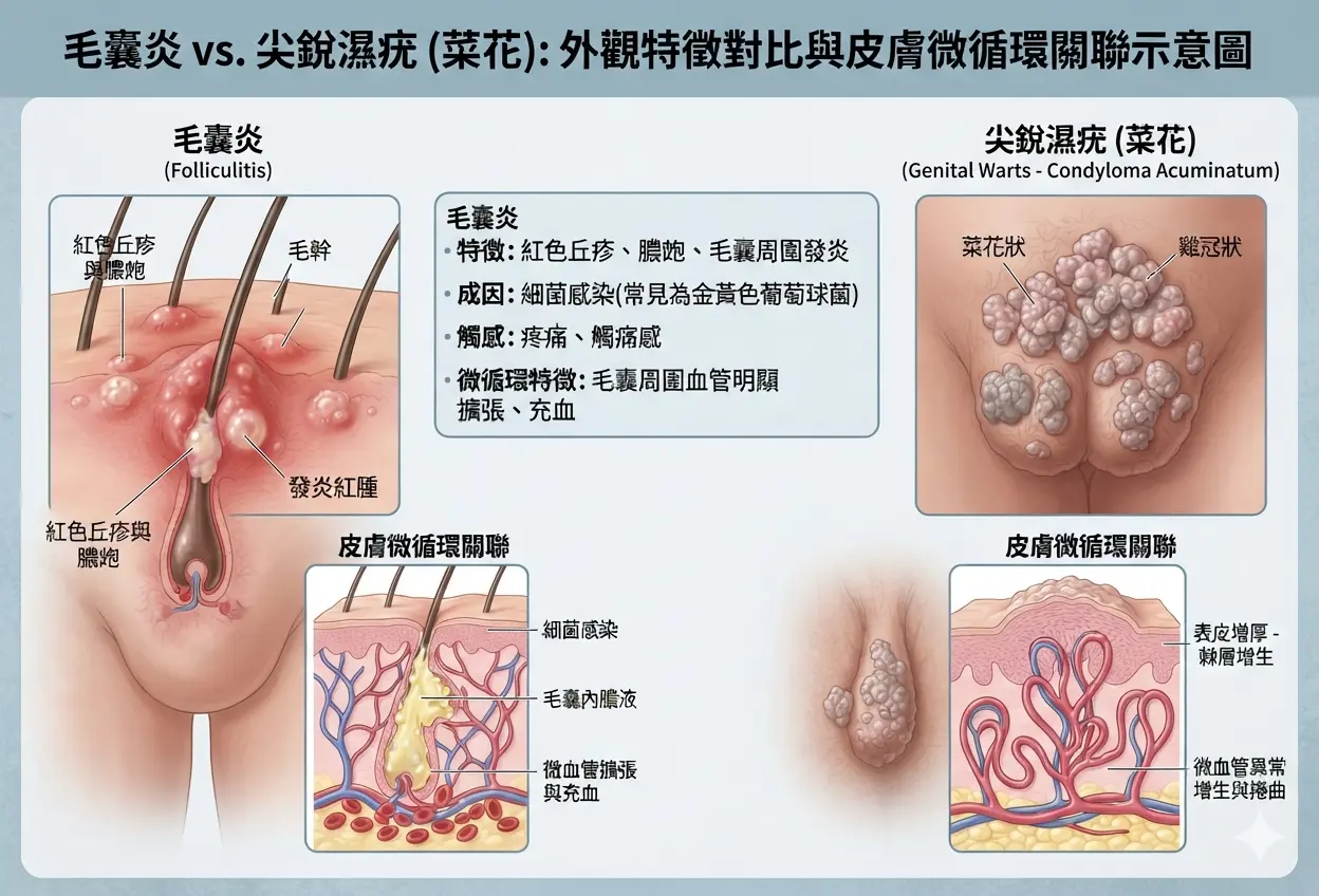 毛囊炎與尖銳濕疣菜花外觀特徵對比