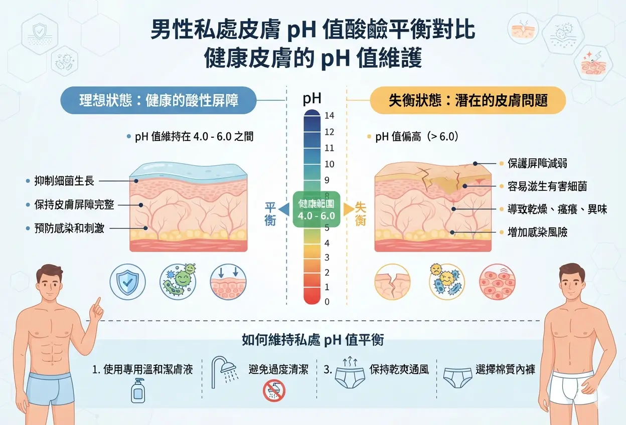 清洗生殖器可以用沐浴露嗎-男性私處皮膚pH值酸堿平衡對比圖