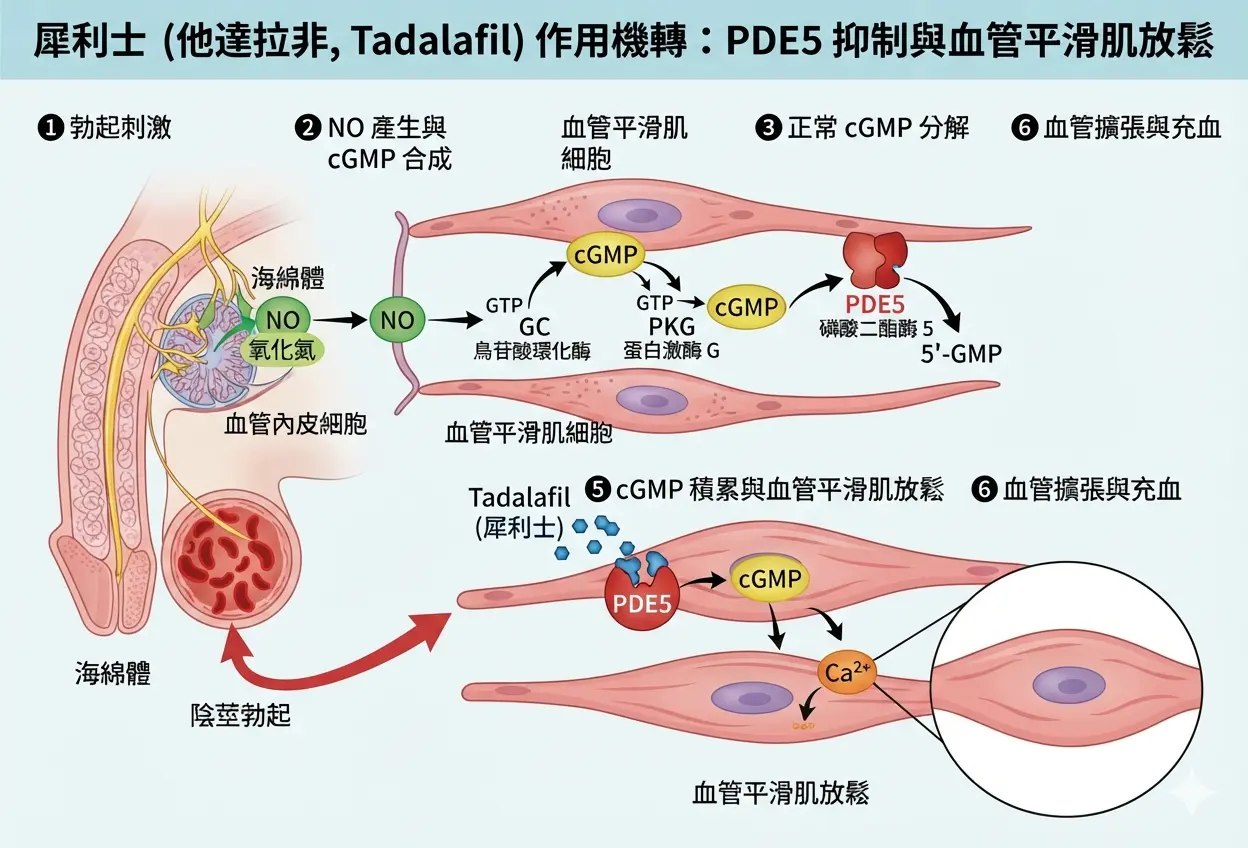 犀利士他達拉非tadalafil抑製PDE5酵素並放鬆血管平滑肌的生理機轉