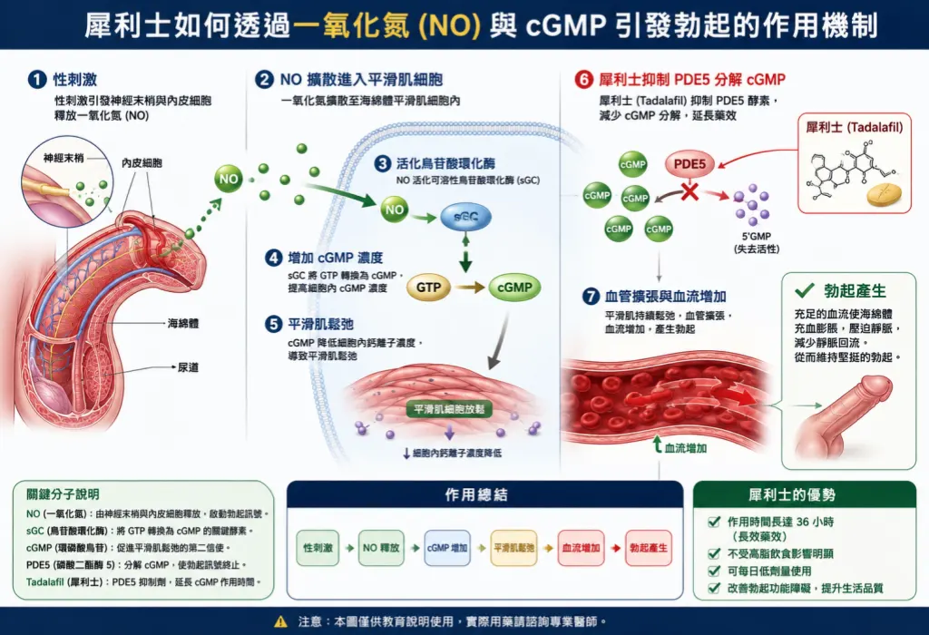 犀利士如何透過一氧化氮NO與cGMP引發勃起的作用機製示意圖