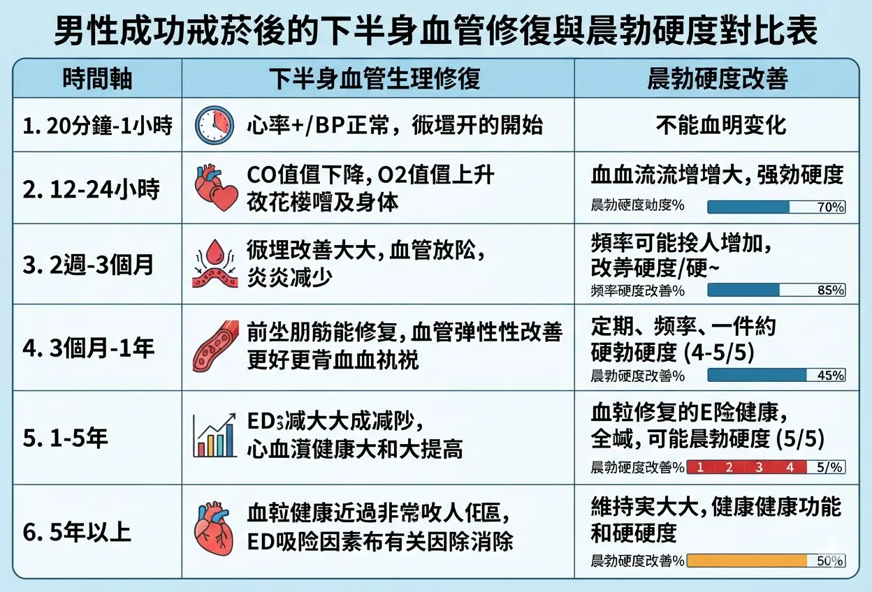男性成功戒菸後的下半身血管生理修復時間軸與晨勃硬度改善對比表