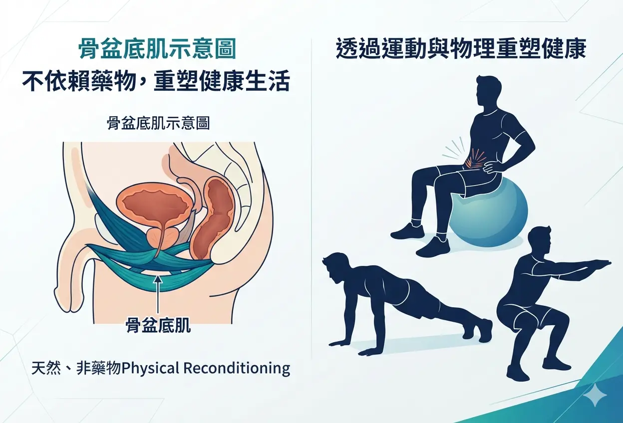 男性早洩物理替代方案：凱格爾運動與骨盆底肌恥骨尾骨肌訓練示意圖