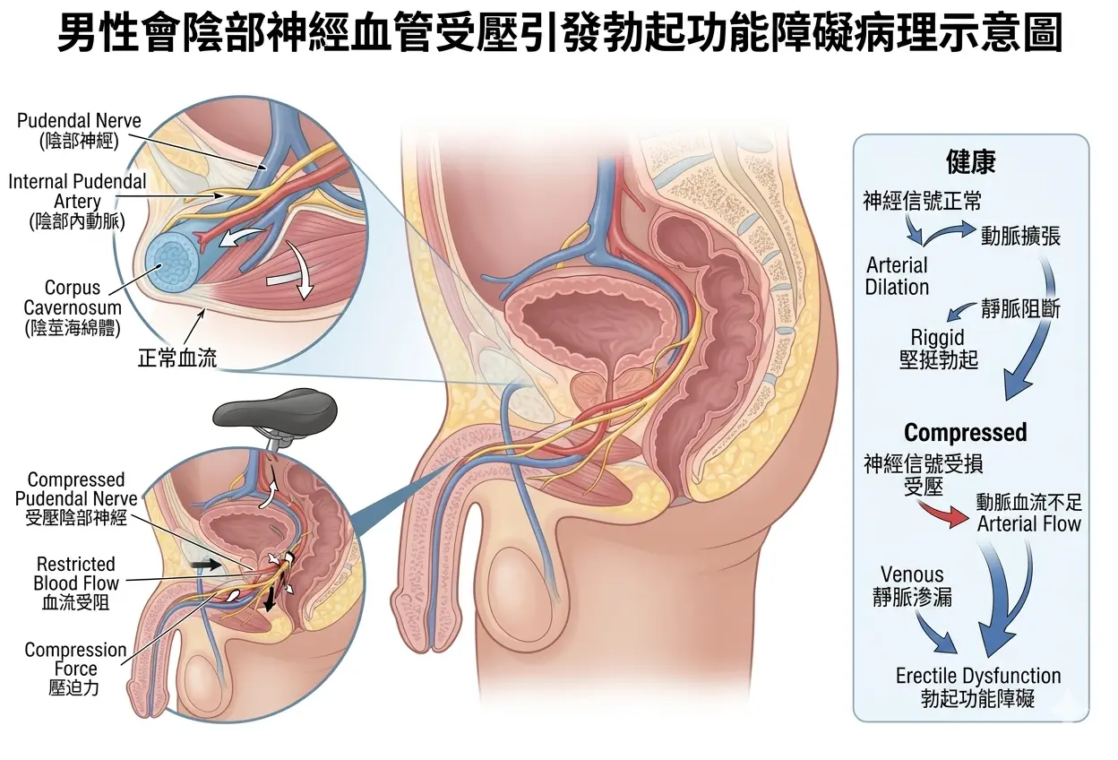 男性會陰部神經血管受壓引發勃起功能障礙病理示意圖