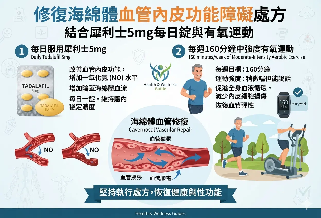 男性泌尿科醫學指南：結合犀利士5mg每日錠與每週160分鐘中強度有氧運動修復海綿體血管內皮功能障礙處方