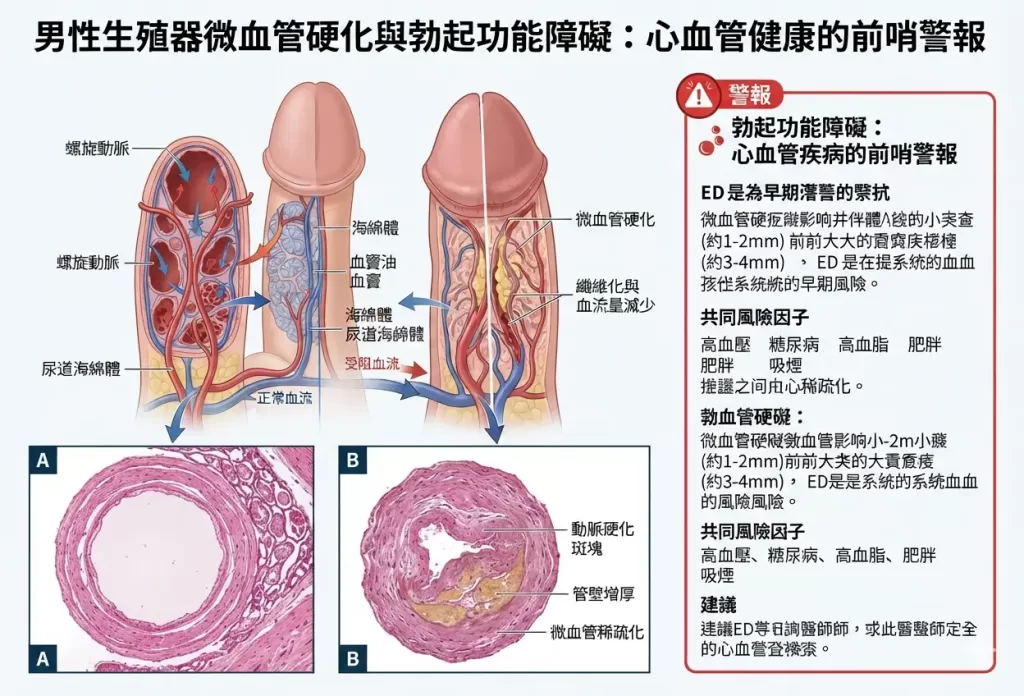 男性生殖器微血管硬化與勃起功能障礙E前哨警報醫學病理圖解