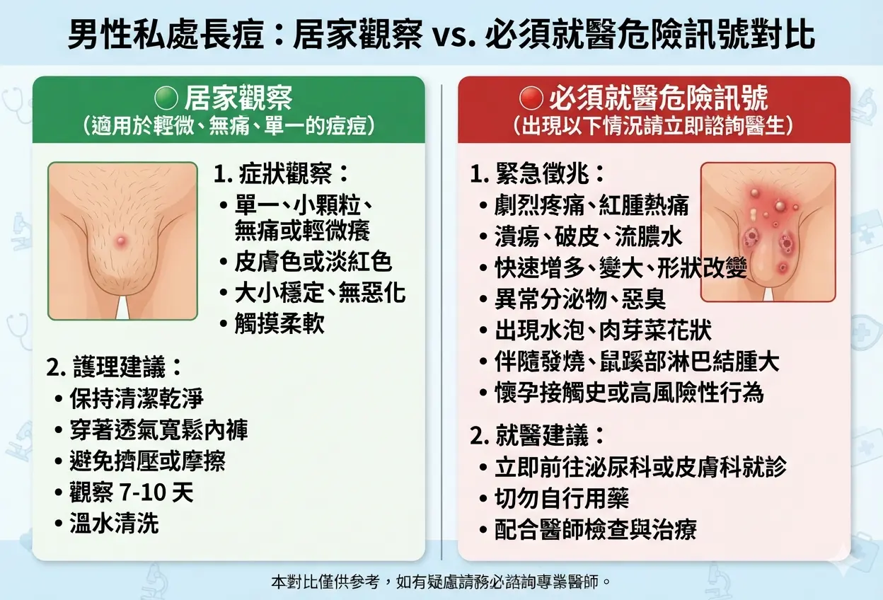 男性私處長痘居家觀察與必須就醫危險訊號對比