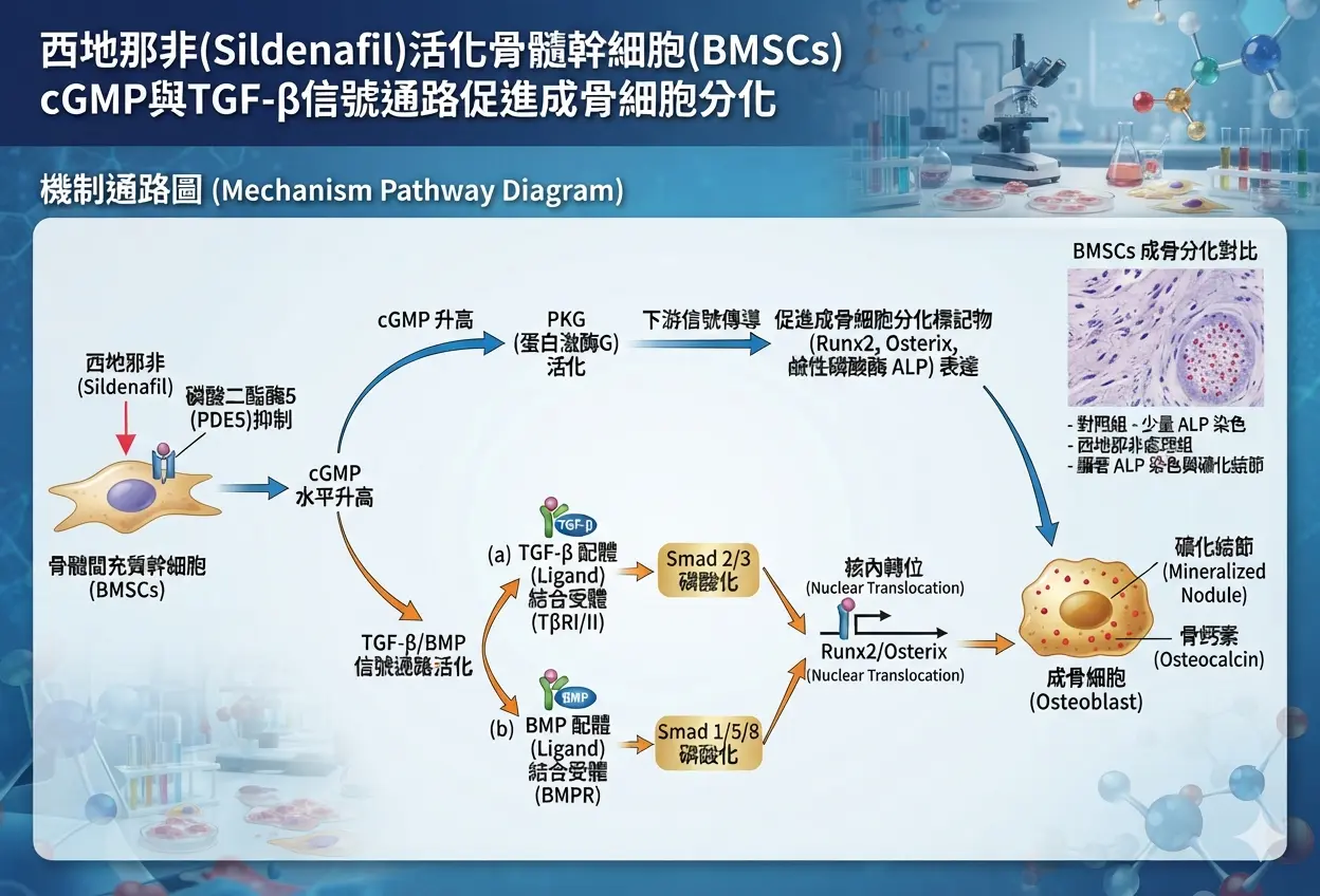 西地那非Sildenafil活化骨髓幹細胞cGMP與TGF-β信號通路促進成骨細胞分化