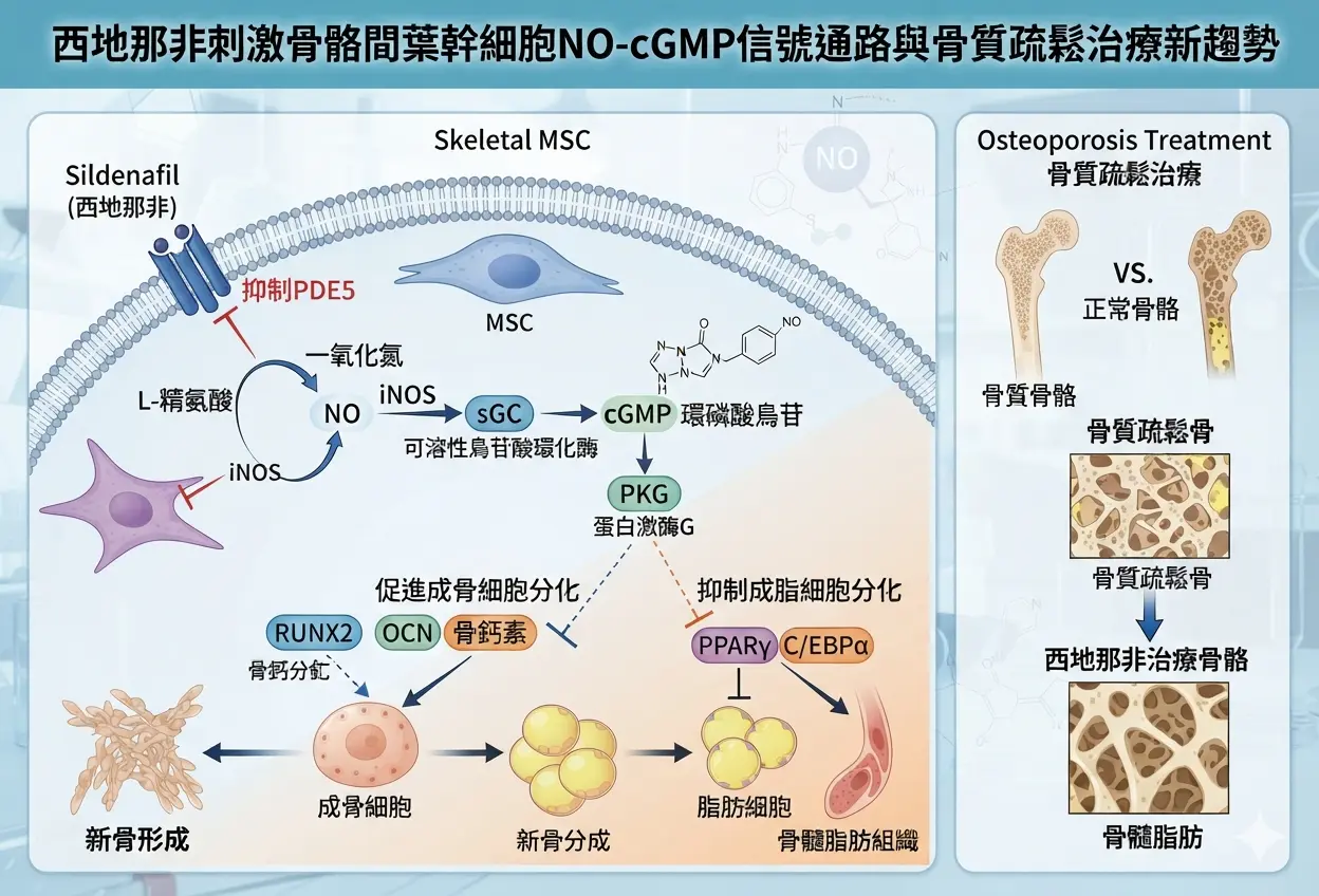 西地那非刺激骨骼間葉幹細胞NO-cGMP信號通路與骨質疏鬆治療新趨勢病理圖