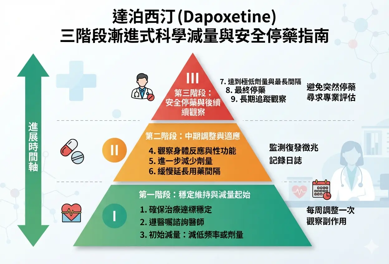 達泊西汀Dapoxetine三階段漸進式科學減量與安全停藥指南金字塔結構圖