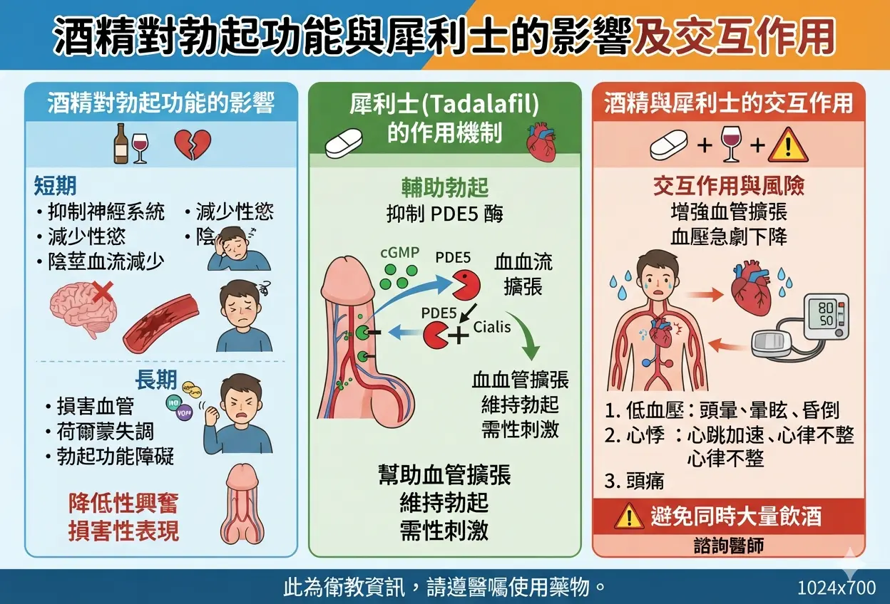 酒精對勃起功能與犀利士的影響及可能引發低血壓與心悸的交互作用圖解