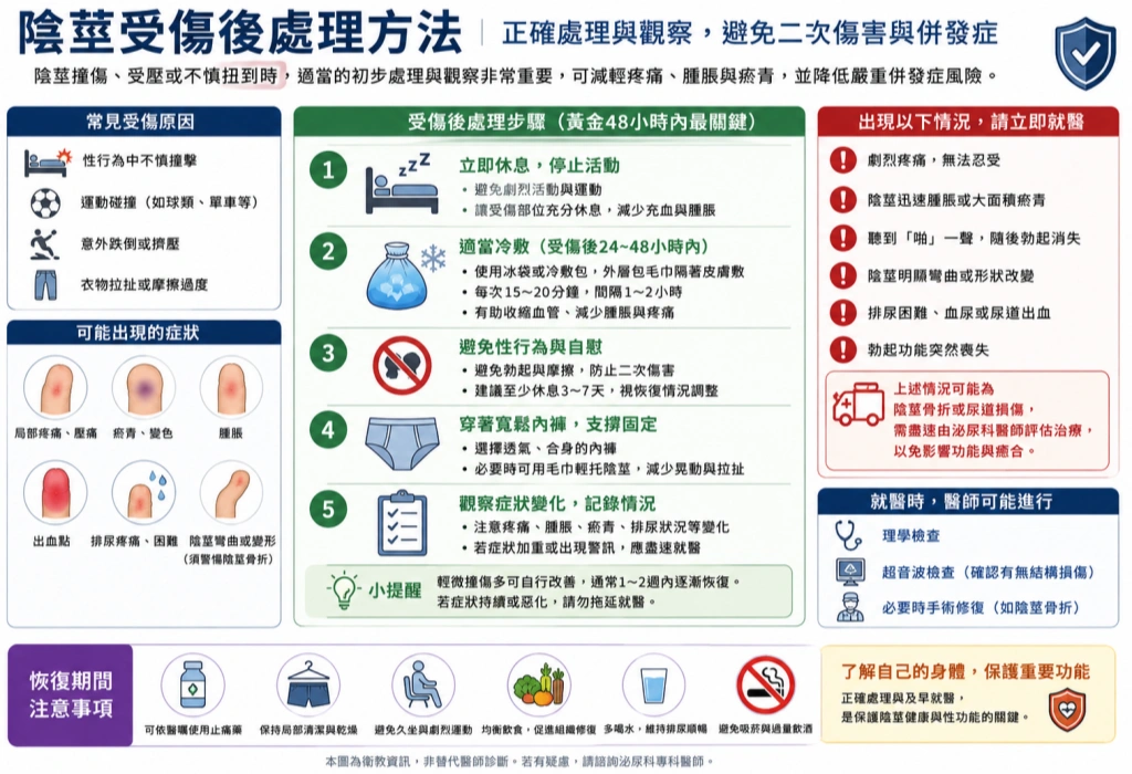 陰莖受傷後處理方法示意圖，說明休息、適當冷敷、避免性行為及觀察癥狀的重要性