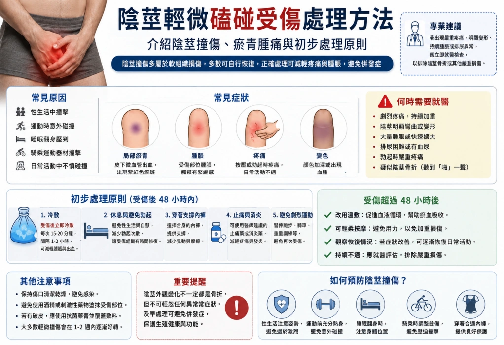 陰莖輕微磕碰受傷處理方法，介紹陰莖撞傷、瘀青腫痛與初步處理原則