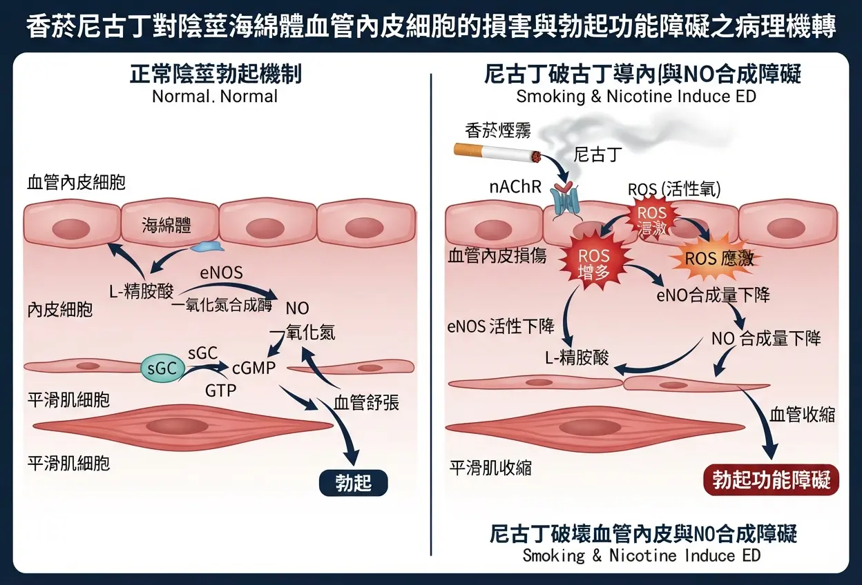 香菸尼古丁破壞陰莖海綿體血管內皮細胞與一氧化氮NO合成量下降之病理機製圖